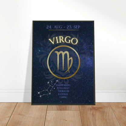 Virgo wall art poster leaning against wall in black metal frame modern bedroom decor mockup