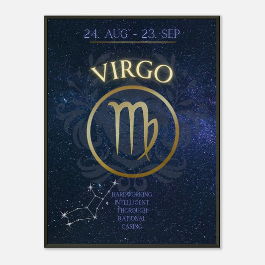 Virgo wall art poster in black metal frame featuring zodiac symbol and cosmic constellation design