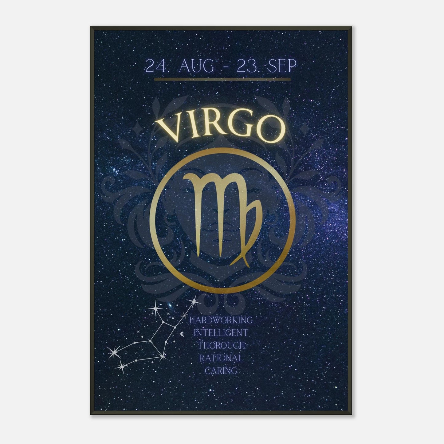 Virgo astrology poster in black metal frame clean studio mockup showing horoscope artwork