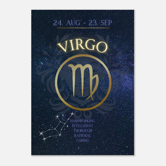 Virgo Zodiac Poster – elegantes Sternzeichen-Wandbild in Dunkelblau und Gold mit Jungfrau-Symbol, Datum und Charaktereigenschaften