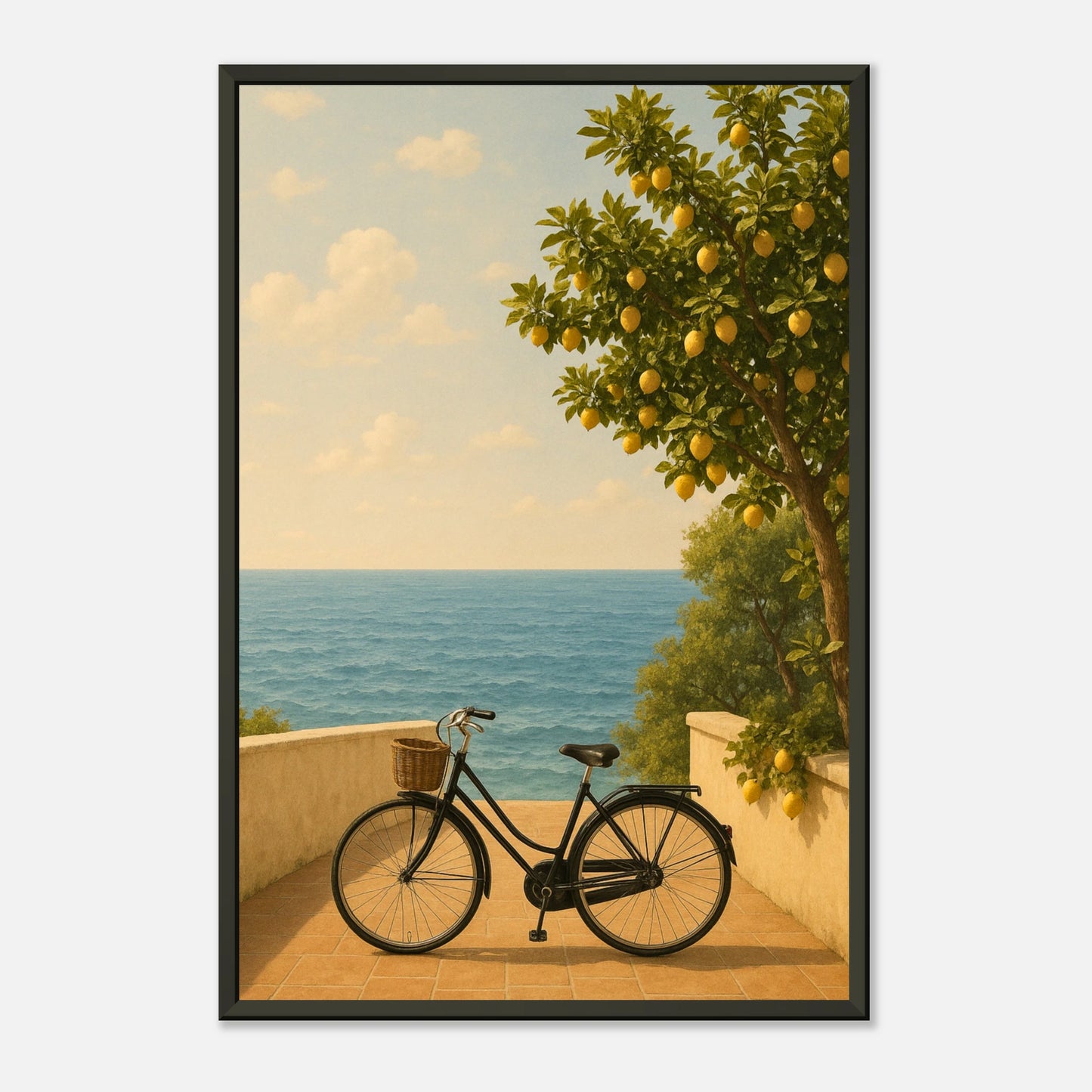 Mediterranean coastal wall art in black metal frame, bicycle by ocean with lemon tree, Where Lemons Grow art print