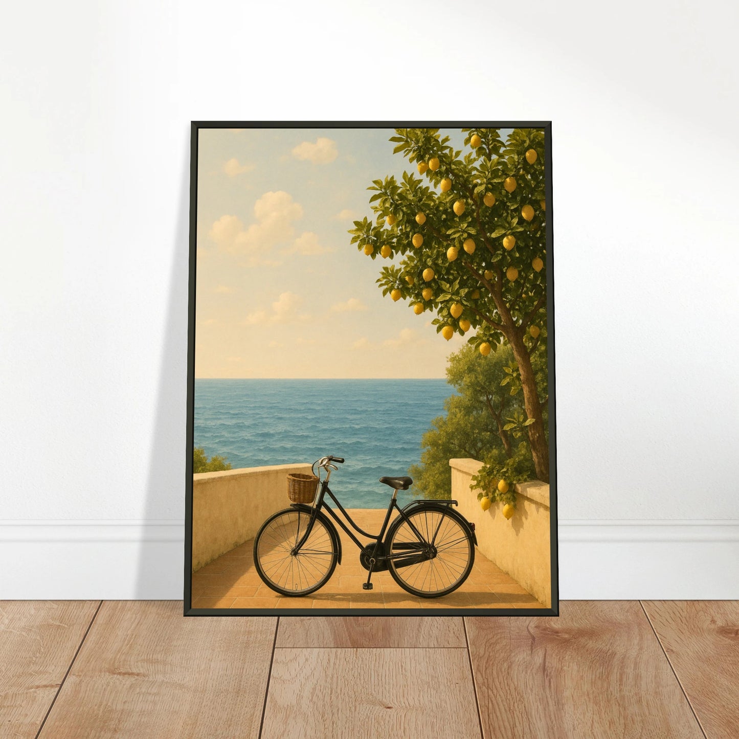 Where Lemons Grow Mediterranean wall art leaning on floor in black metal frame, coastal citrus poster home decor