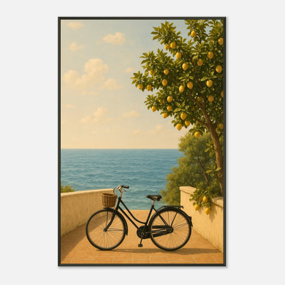 Where Lemons Grow framed Mediterranean poster in black metal frame, seaside bicycle scene with citrus tree wall decor