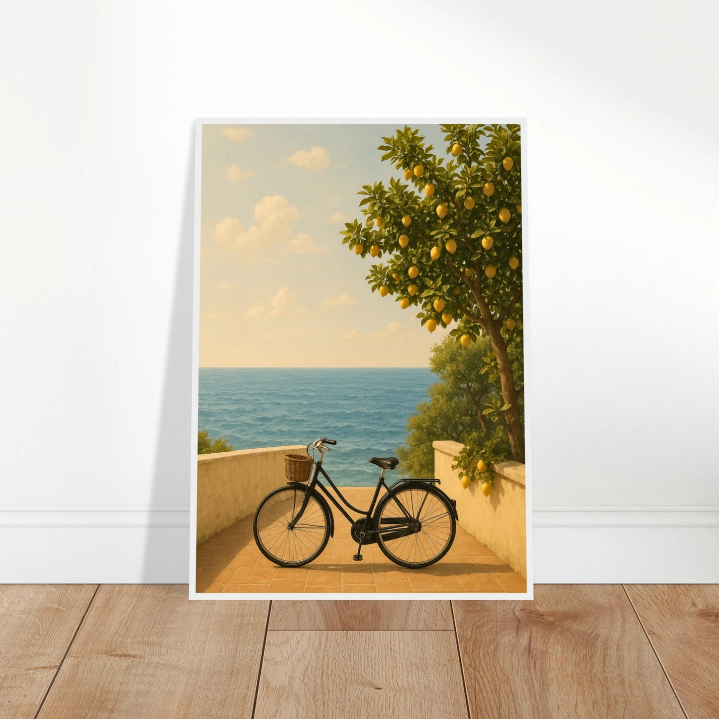 Where Lemons Grow Poster an die Wand gelehnt – mediterranes Kunstwerk mit Zitronenbaum und Meerblick. Perfekt für natürliche Sommerdekoration von Defa Designs.