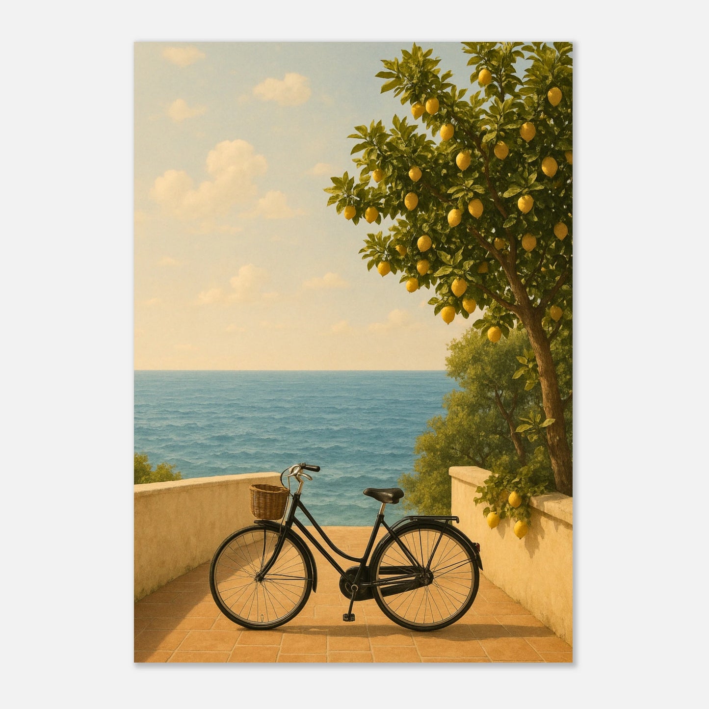Where Lemons Grow poster – Mediterranean wall art print with lemon tree, ocean view and bicycle