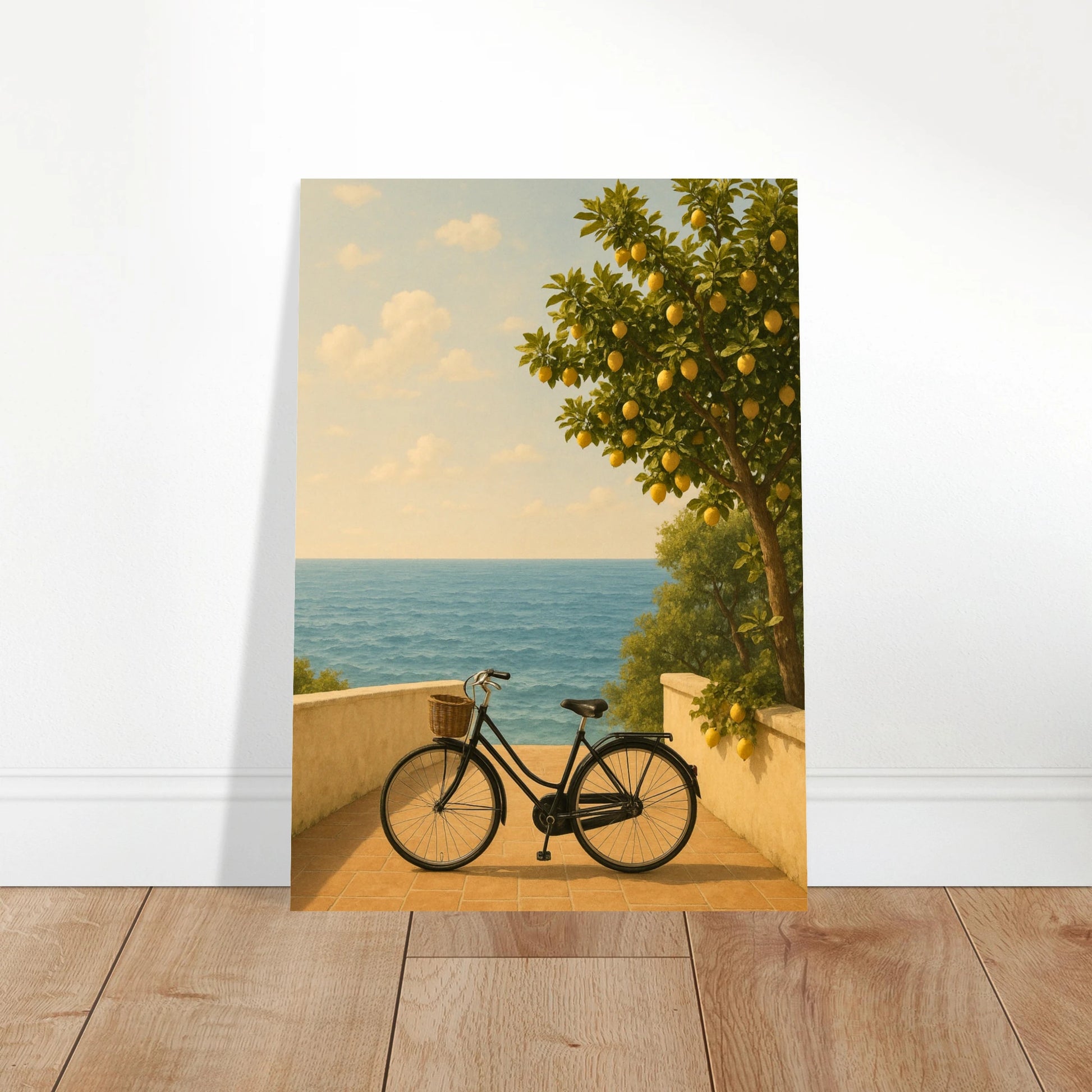 Where Lemons Grow wall art poster leaning on floor – Mediterranean print with lemons and sea view
