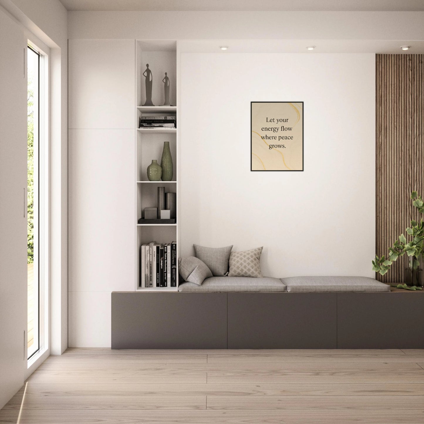 Where Peace Grows wall art in black metal frame displayed in bright modern living room interior