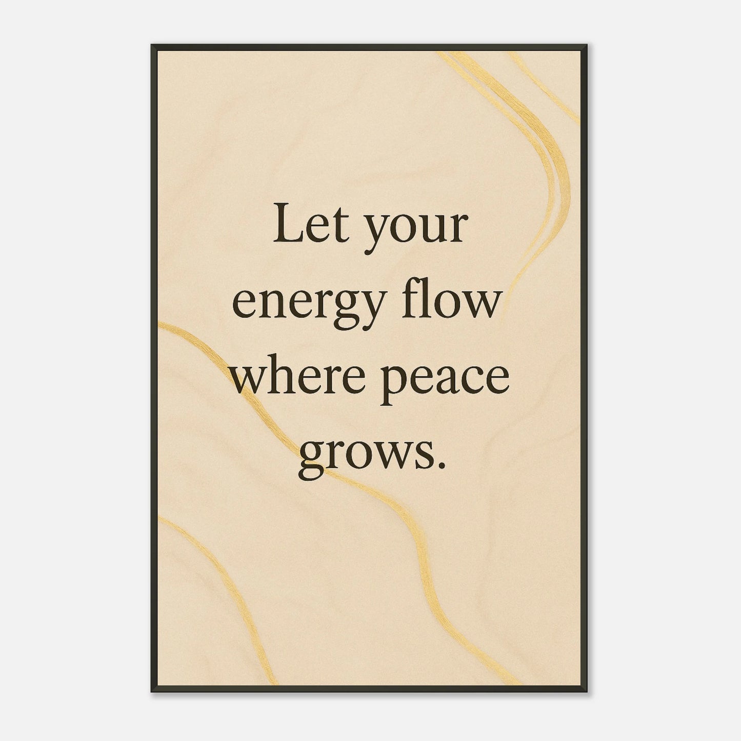 Where Peace Grows inspirational quote wall art in black metal frame front view with elegant minimalist design