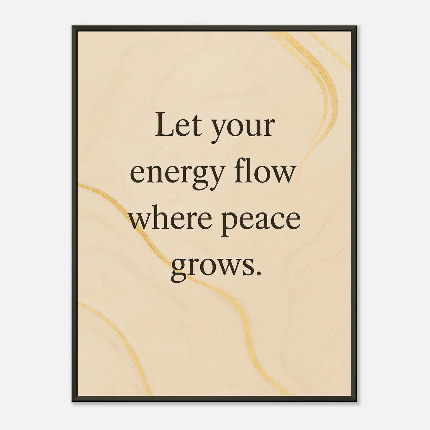 Where Peace Grows wall art poster in black metal frame featuring calming beige abstract background and mindful inspirational quote