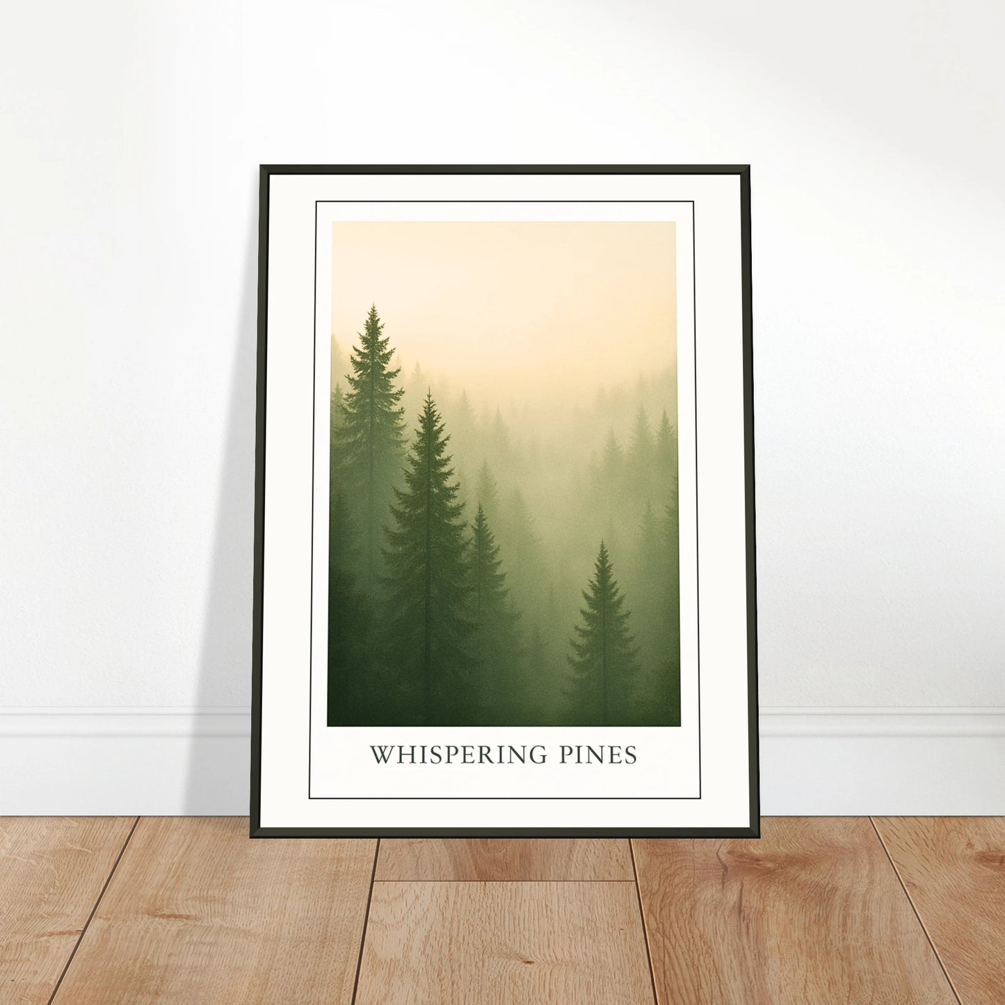 Whispering Pines Poster an die Wand gelehnt – beruhigender Wald im Morgennebel mit feiner Lichtwirkung, Naturposter im schwarzen Metallrahmen.