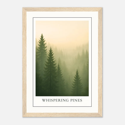 Whispering Pines Poster mit hellbraunem Holzrahmen – stilvolles Nebelwald Bild für natürliche Raumgestaltung