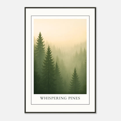 Detailansicht Whispering Pines Wandbild – zarte Grüntöne und mystischer Nebel zwischen hohen Kiefern, gedruckt als Premiumposter mit schwarzem Metallrahmen.