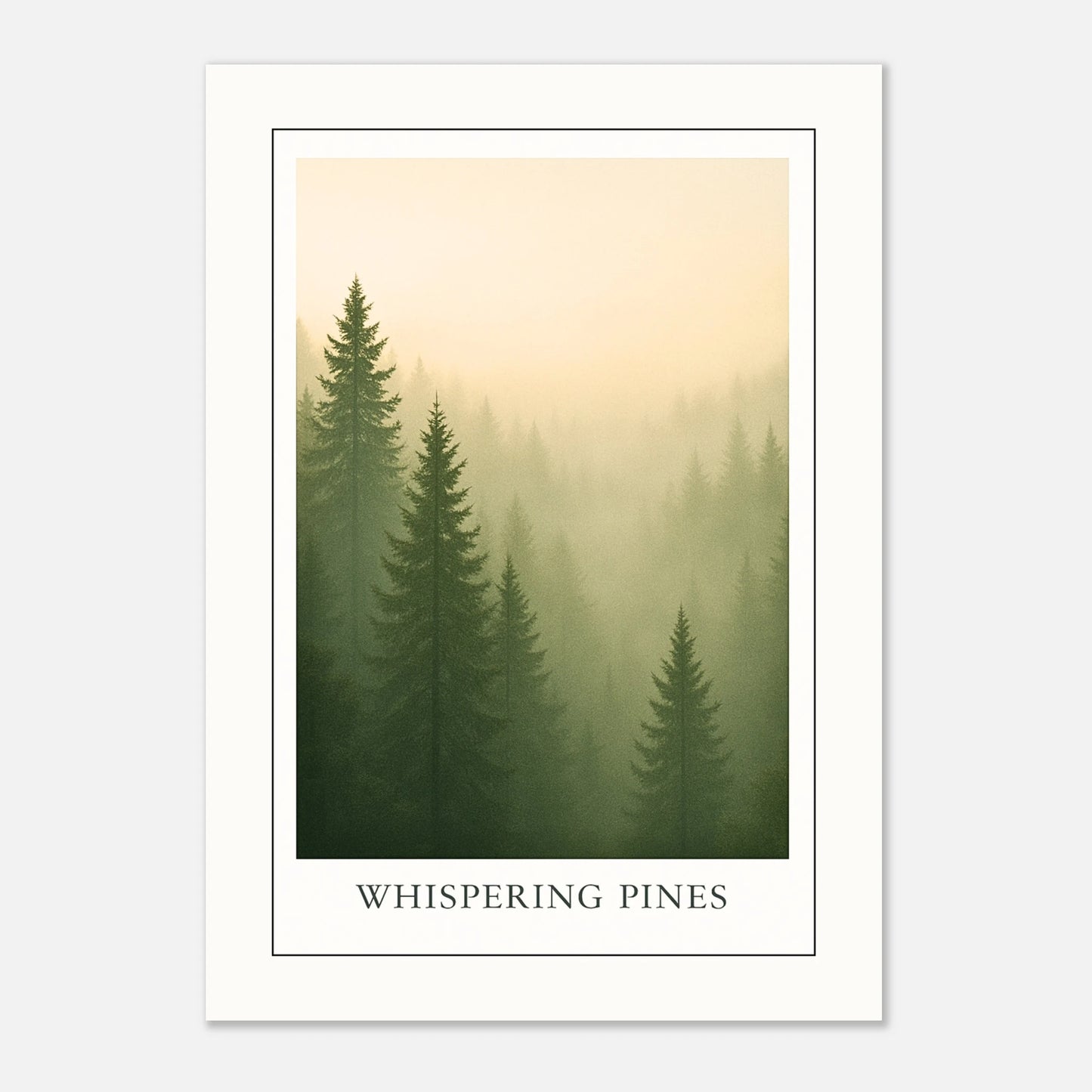 Minimalist nature art print "Whispering Pines" – Scandinavian wall poster with misty forest and soft green tones