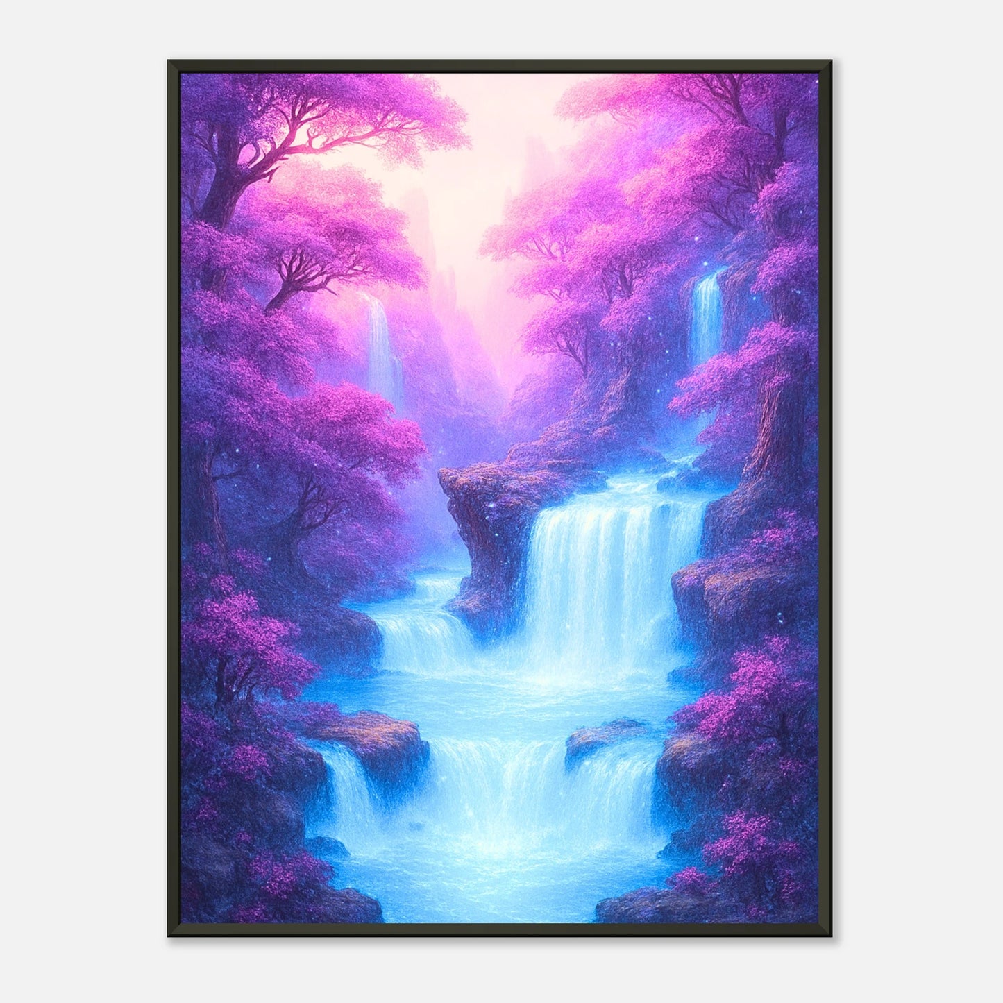 Whispers of the Enchanted Falls Fantasy Wasserfall Wandbild mit schwarzem Metallrahmen, magische Landschaftskunst in leuchtenden Farben