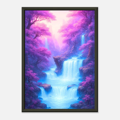 Whispers of the Enchanted Falls Wasserfall Wandkunst frontal dargestellt, Fantasy Landschaftsbild mit schwarzem Metallrahmen