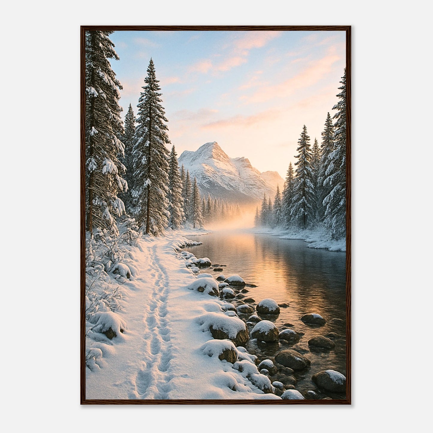 Winter Poster „Whispers of Winter“ mit verschneiter Berglandschaft im dunklen Holzrahmen – stilvolle Natur Wanddeko