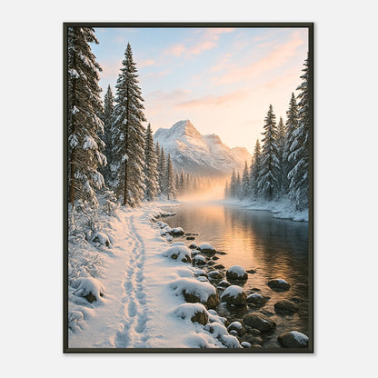Whispers of Winter Poster im schwarzen Metallrahmen – verschneite Winterlandschaft mit Sonnenaufgang über Bergen, ruhiger Fluss und goldener Himmel. Zeitloses Natur Wandbild von Defa Designs.