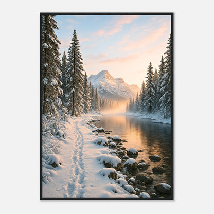 Winterlandschaft Poster „Whispers of Winter“ – verschneite Berge im schwarzen Rahmen als modernes Wandbild
