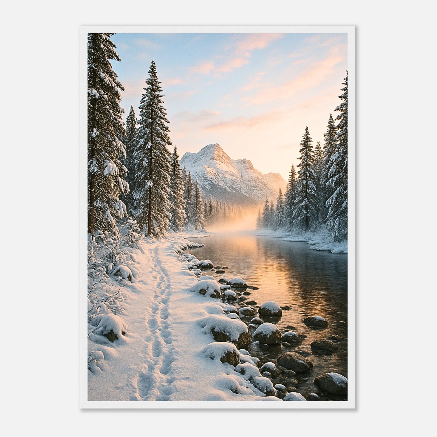 „Whispers of Winter“ Poster mit verschneiter Winterlandschaft im weißen Rahmen – elegantes Wandbild für Wohnzimmer und Büro