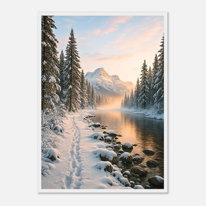 „Whispers of Winter“ Poster mit verschneiter Winterlandschaft im weißen Rahmen – elegantes Wandbild für Wohnzimmer und Büro