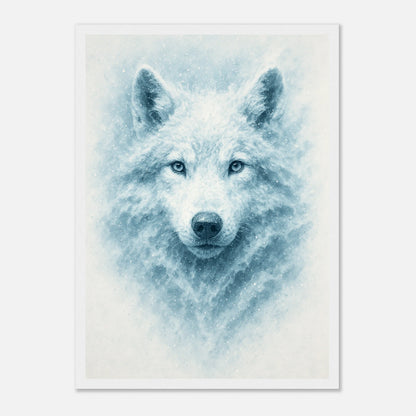 White Alpha Poster mit weißem Holzrahmen – Porträt eines weißen Wolfs als elegantes Wandbild
