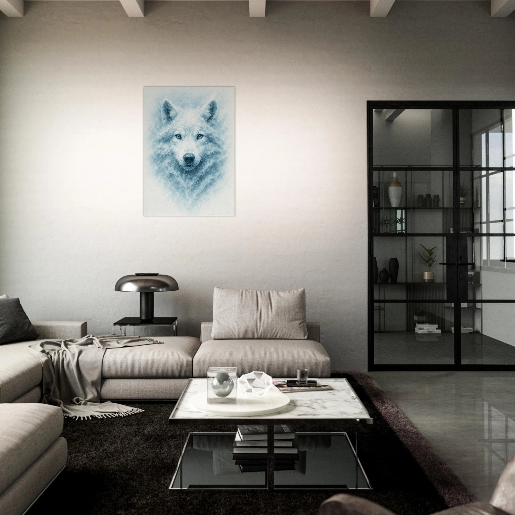 White Alpha Wolf Poster in modern minimalist room – large-scale animal art print with snowy effect.