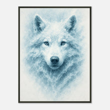 White Alpha Poster – majestätisches Wolfsporträt in eisigem Blau im schwarzen Metallrahmen. Arktische Tierkunst von Defa Designs.