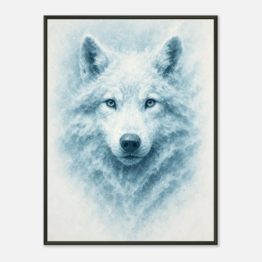 White Alpha Poster – majestätisches Wolfsporträt in eisigem Blau im schwarzen Metallrahmen. Arktische Tierkunst von Defa Designs.
