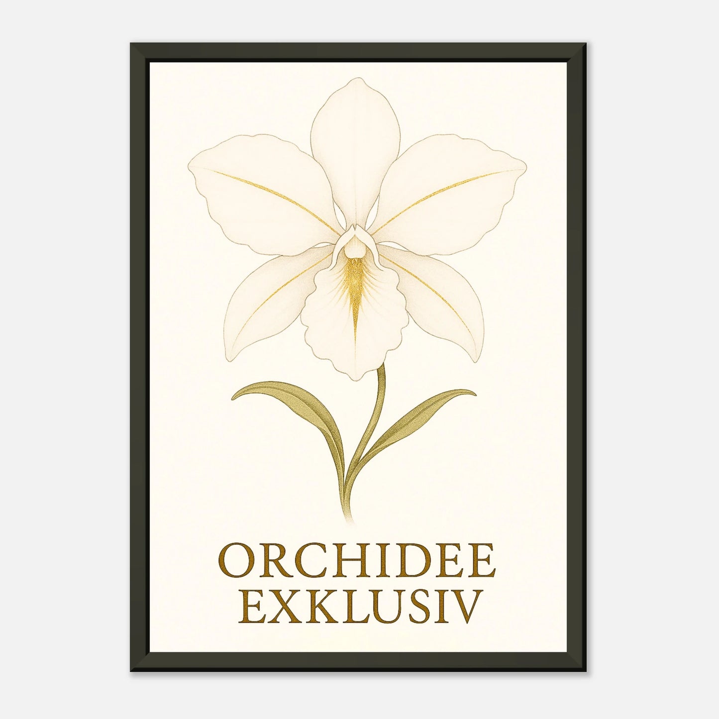 White Orchid Poster mit sanftem Lichtreflex – moderne botanische Illustration in luxuriösem schwarzen Metallrahmen.