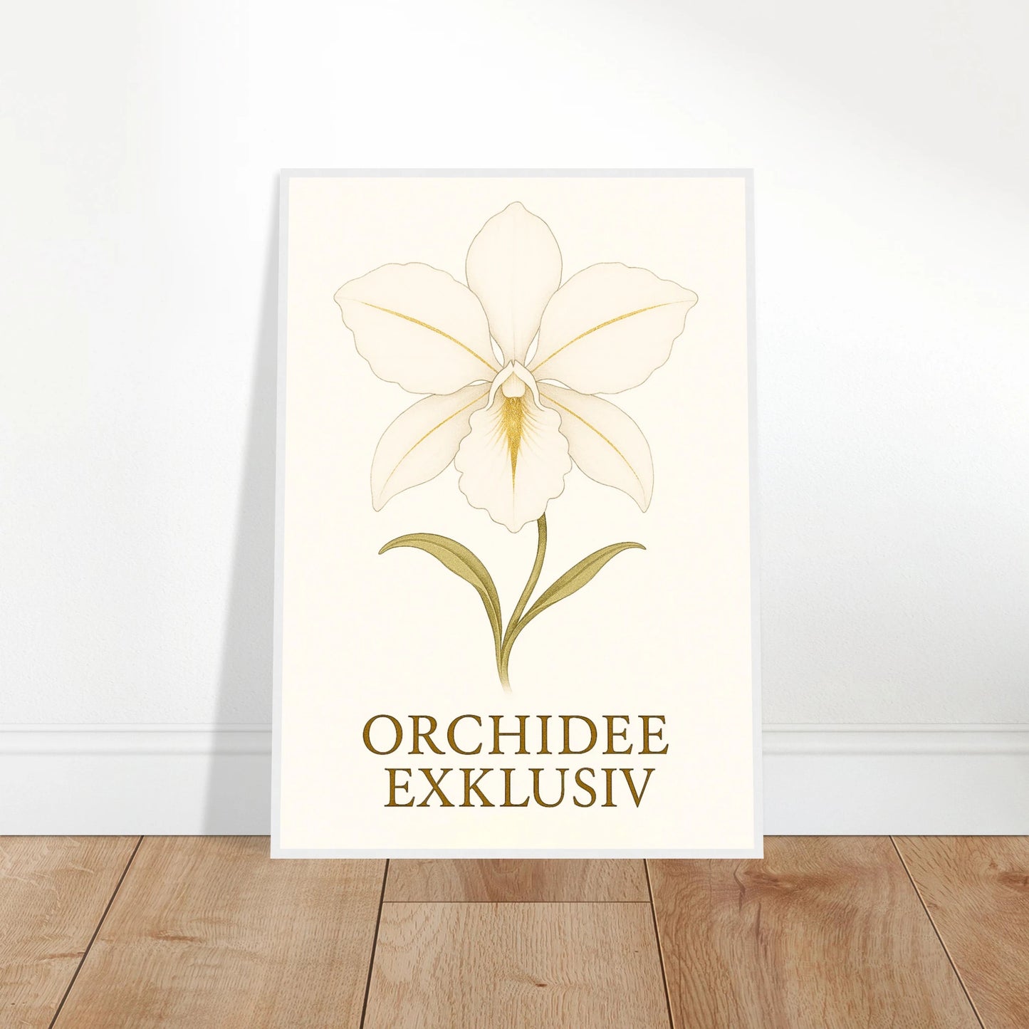 White Orchid Poster – edles Orchideenbild angelehnt an Wand, perfekte Deko für stilvolle Räume