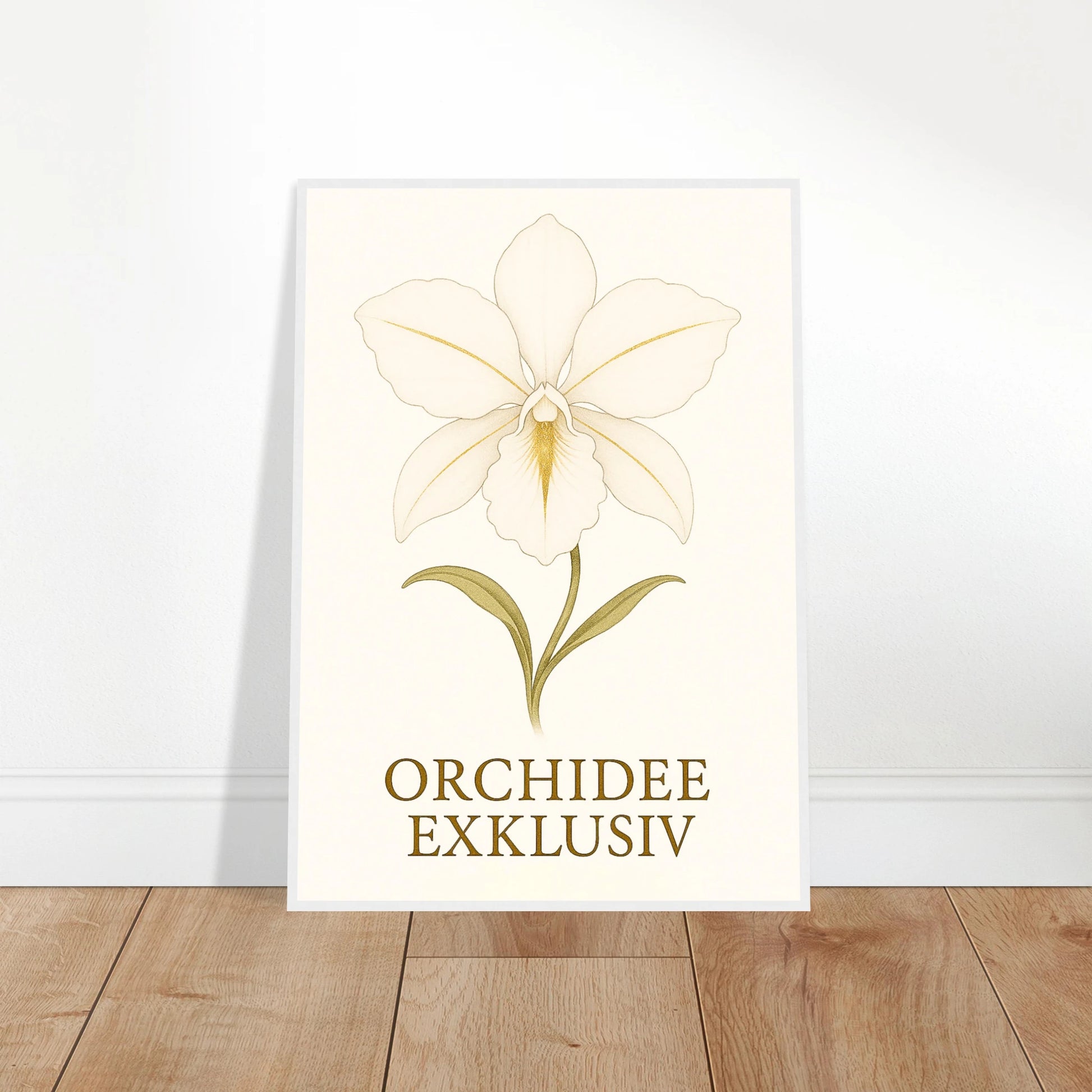 White Orchid Poster – edles Orchideenbild angelehnt an Wand, perfekte Deko für stilvolle Räume