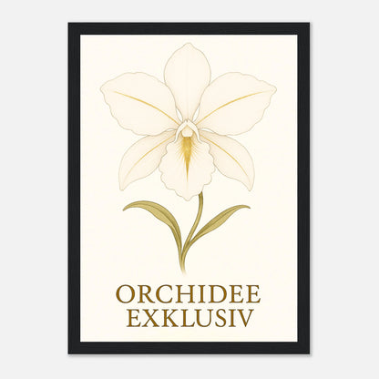 White Orchid Poster mit schwarzem Holzrahmen – elegante Orchideen Wandkunst in modernem Stil