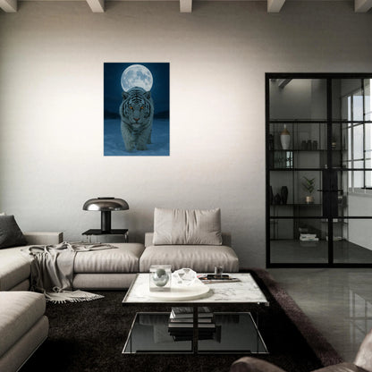 White tiger moonlight poster in dark luxury room – striking wildlife print for atmospheric home style.