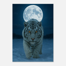 White tiger poster under full moon – majestic animal wall art in icy landscape, perfect for modern interiors.