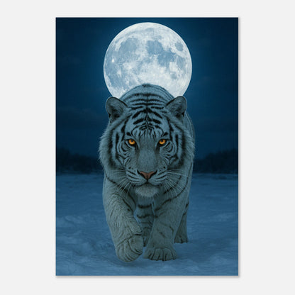White tiger poster under full moon – majestic animal wall art in icy landscape, perfect for modern interiors.
