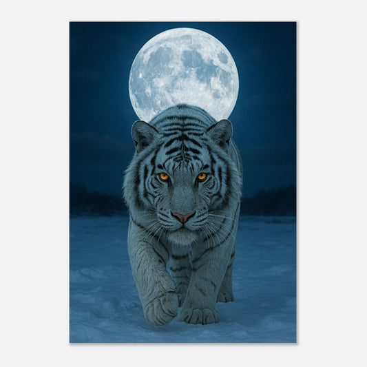 White tiger poster under full moon – majestic animal wall art in icy landscape, perfect for modern interiors.