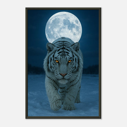 Seitenansicht des White Tiger Posters – beeindruckendes Tiermotiv bei Nacht, mit Mondschein und schwarzem Metallrahmen.