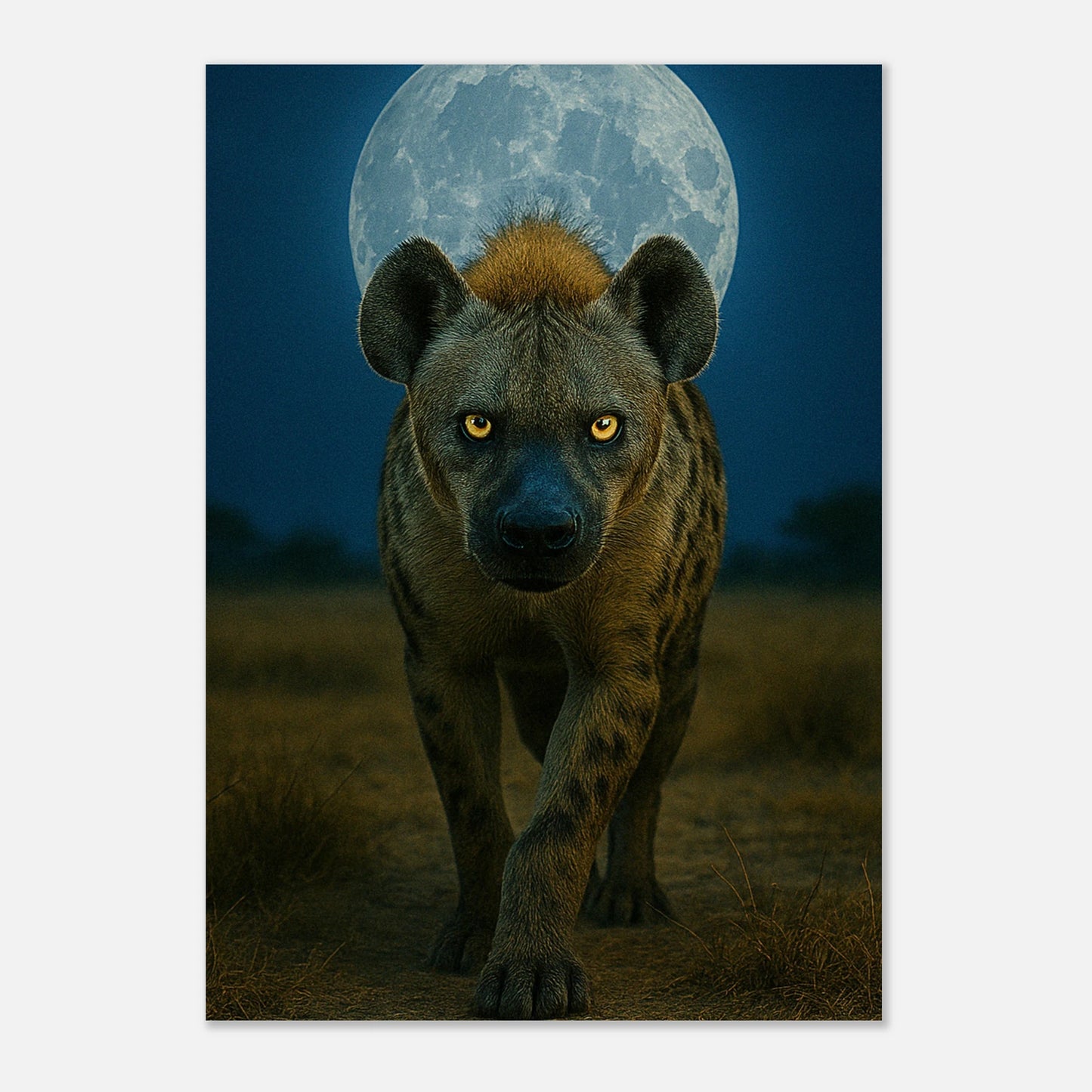 Detail vom Wild Nights Poster – Hyäne in nächtlicher Savanne unter leuchtendem Vollmond.