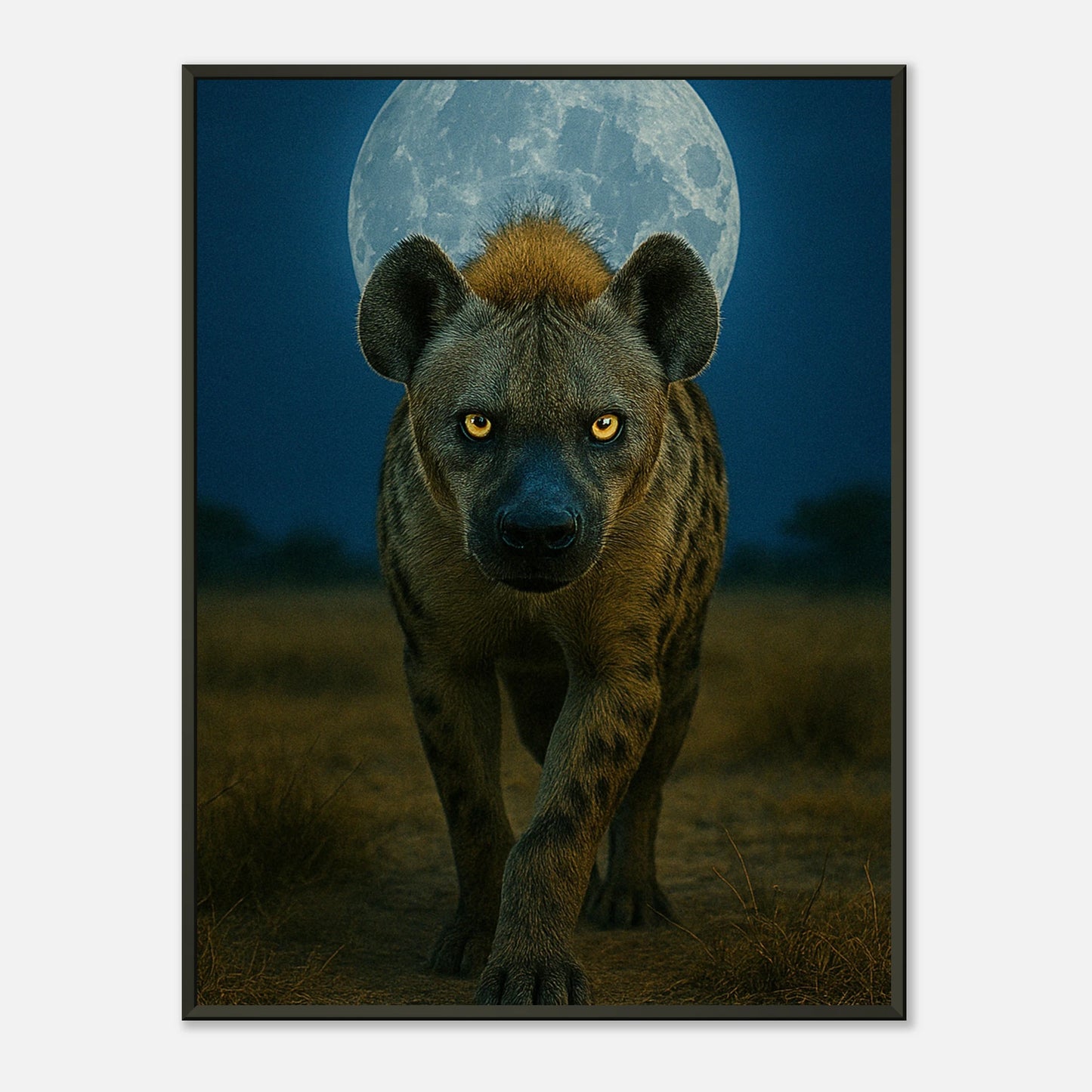 Wild Nights – The Hyena Poster mit schwarzem Metallrahmen, majestätische Hyäne unter dem Vollmond, mystische Tierkunst aus Afrika | DEFA Designs
