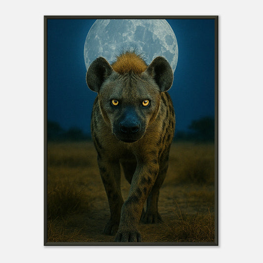 Wild Nights – The Hyena Poster mit schwarzem Metallrahmen, majestätische Hyäne unter dem Vollmond, mystische Tierkunst aus Afrika | DEFA Designs
