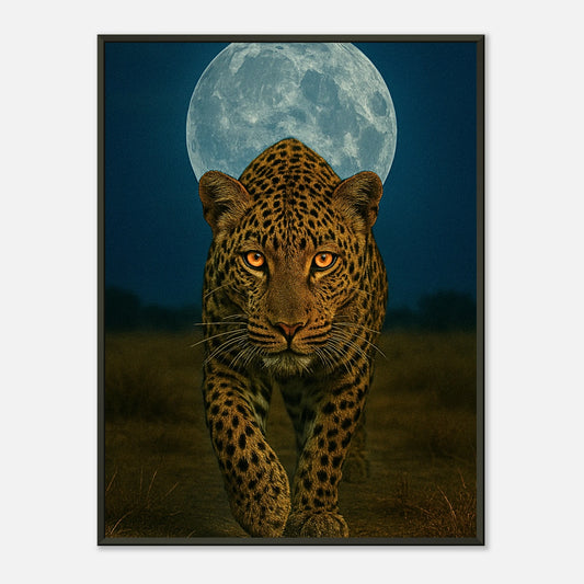 Wild Nights – The Leopard Poster – majestätischer Leopard unter Vollmond im schwarzen Metallrahmen. Nachtmotiv voller Stärke und Eleganz.