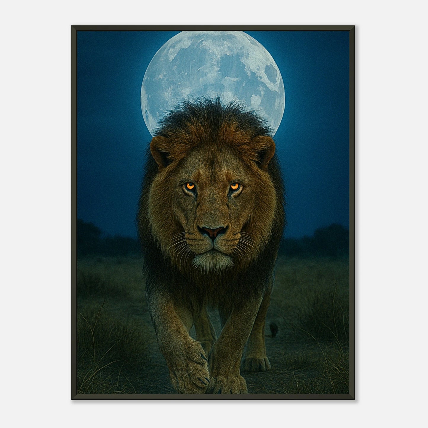 Wild Nights – The Lion Poster mit majestätischem Löwen unter dem Vollmond im schwarzen Metallrahmen. Kraftvolle Tierkunst von Defa Designs.