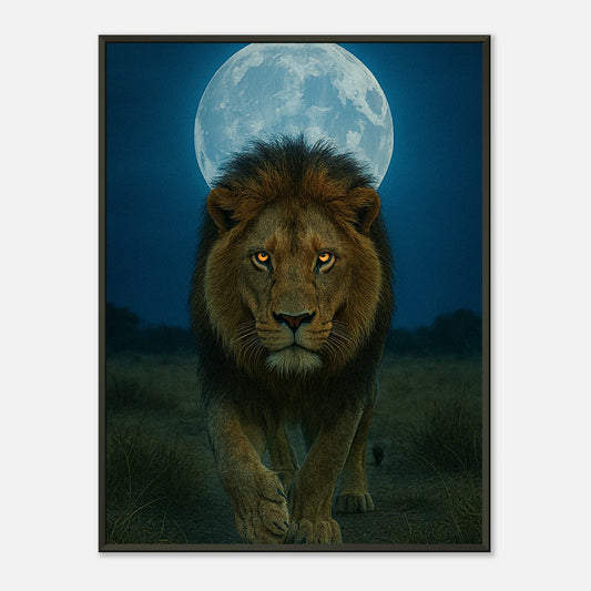 Wild Nights – The Lion Poster mit majestätischem Löwen unter dem Vollmond im schwarzen Metallrahmen. Kraftvolle Tierkunst von Defa Designs.