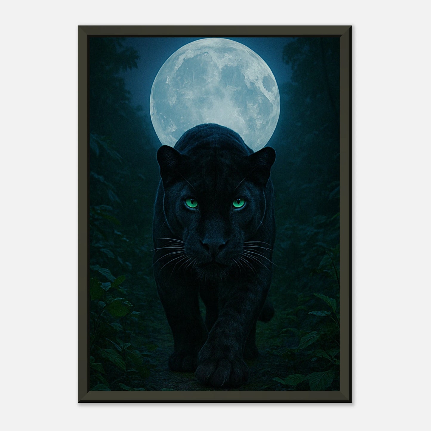 Detailansicht des Wild Nights – The Panther Posters, hochwertige Druckqualität mit feinen Fell- und Lichtdetails im schwarzen Metallrahmen.