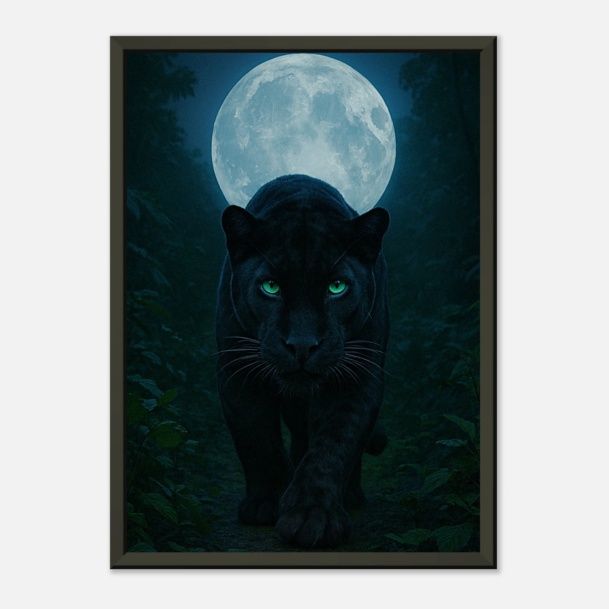 Detailansicht des Wild Nights – The Panther Posters, hochwertige Druckqualität mit feinen Fell- und Lichtdetails im schwarzen Metallrahmen.