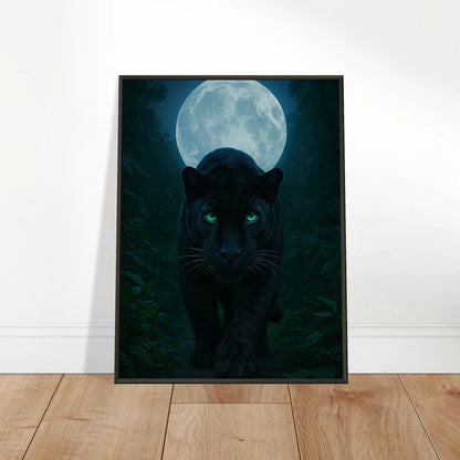 Wild Nights – The Panther Poster an die Wand gelehnt, eindrucksvolles Panther-Kunstwerk mit Mondlicht, schwarzer Metallrahmen.