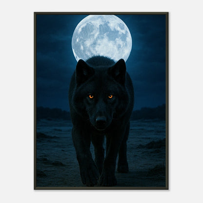 Wild Nights – The Wolf Poster zeigt einen schwarzen Wolf unter dem Vollmond, kraftvolle Tierkunst im schwarzen Metallrahmen – exklusiv von Defa Designs.