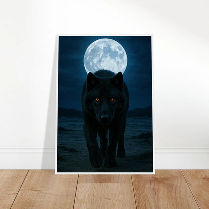 Wild Nights Wolf Poster angelehnt an die Wand – moderner Kunstdruck mit Wolf und Mond für Wohnzimmer oder Büro.