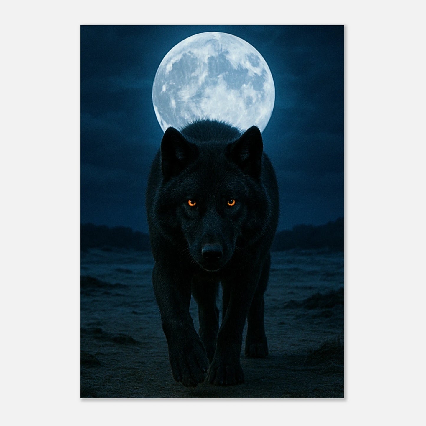 Wild Nights wolf wall art poster, dramatic full moon nature print featuring black wolf for home decor.