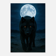 Wild Nights wolf wall art poster, dramatic full moon nature print featuring black wolf for home decor.